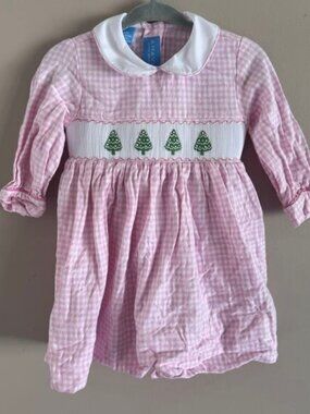 Anavini Hand Smocked Pink Gingham Christmas Tree Dress Baby Girl Size 9 Months